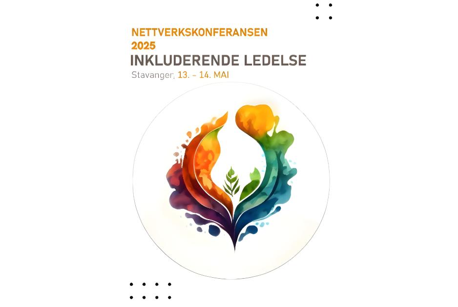 Fargerik logo med teksten Nettverkskonferansen 2025: Inkluderende ledelse, Stavanger 13.-14. mai