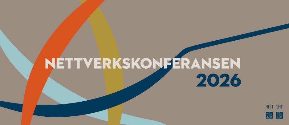 Illustrasjon med brun bakgrunn og fargerike, tjukke striper og teksten "Nettverkskonferansen 2026"