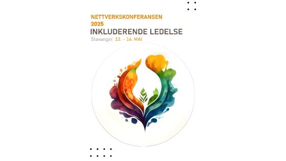 Fargerik logo med teksten Nettverkskonferansen 2025: Inkluderende ledelse, Stavanger 13.-14. mai