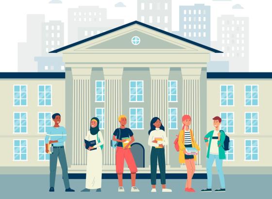 Illustrasjon av en mangfoldig gruppe studenter som står utenfor en universitetsbygning