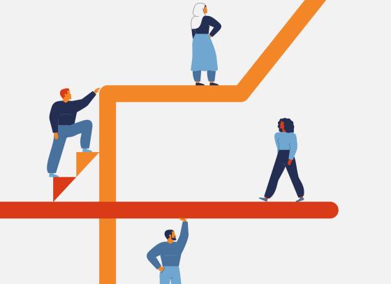 Illustrasjon av fire kvinner og menn som beveger seg rundt i en organisasjon