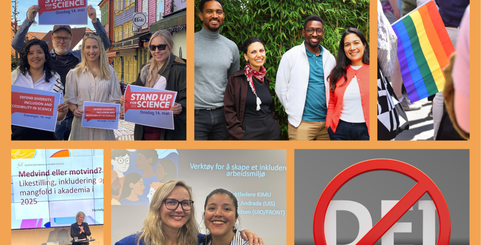 En samling ulike bilder med protest mot angrep på forskning, pride-flagg, grupper med forskere og likestillingsrådgivere, minister Sigrun Aasland og rødt kryss over DEI